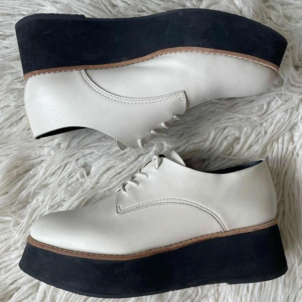 Anthropologie All Black Caroline Off White Lace Up Leather Platform Oxfords 39